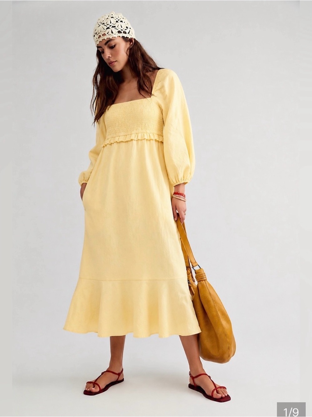 7 For All Mankind Pale Yellow Smocked Midi Dress with Puff Sleeves SZ S